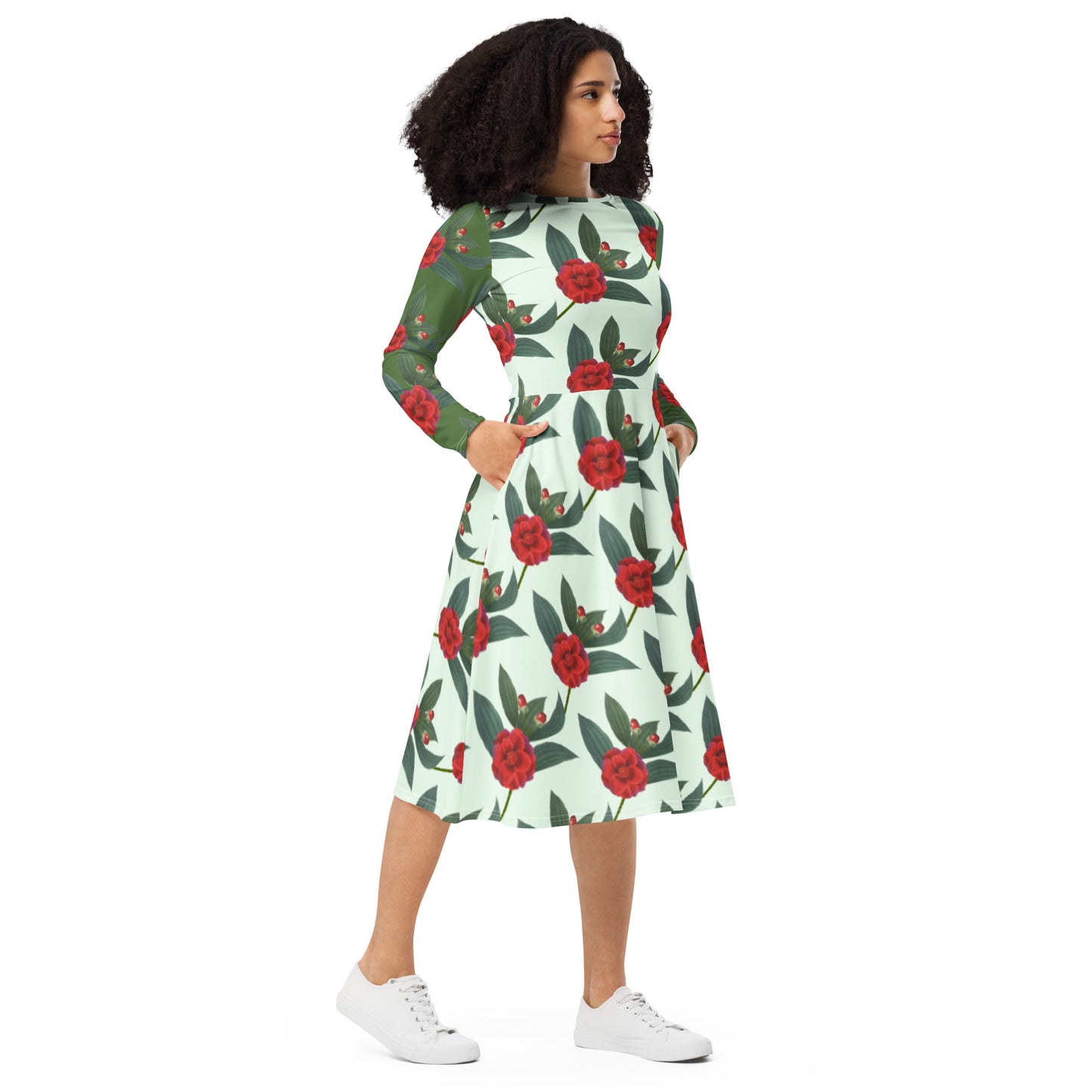 All-over print long sleeve midi dress